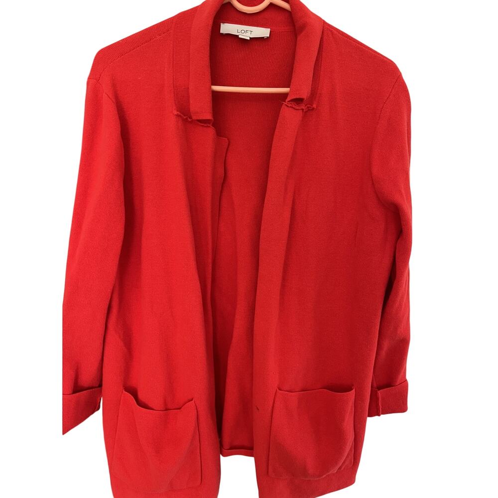 Loft Womens L Knit Jacket Cardigan Cotton Open Front Red/Orange Business Casual